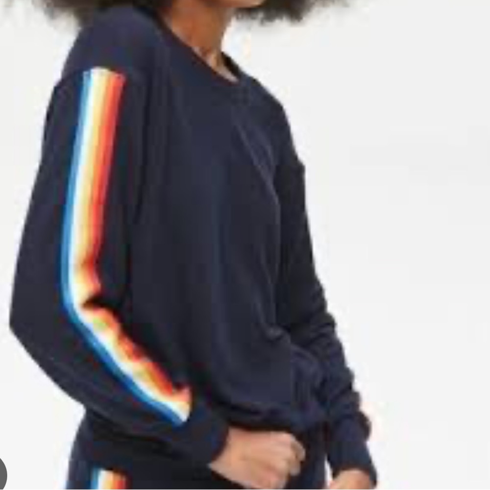 Michael Stars Navy Sweatshirt with Rainbow Stripe Sleeve size xs - Picture 2 of 6